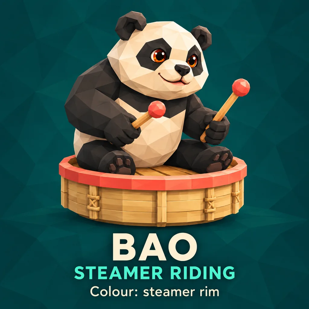 Original concept art of Bao the black-and-cream panda holding drumsticks while riding a bamboo steamer with a coral rim.