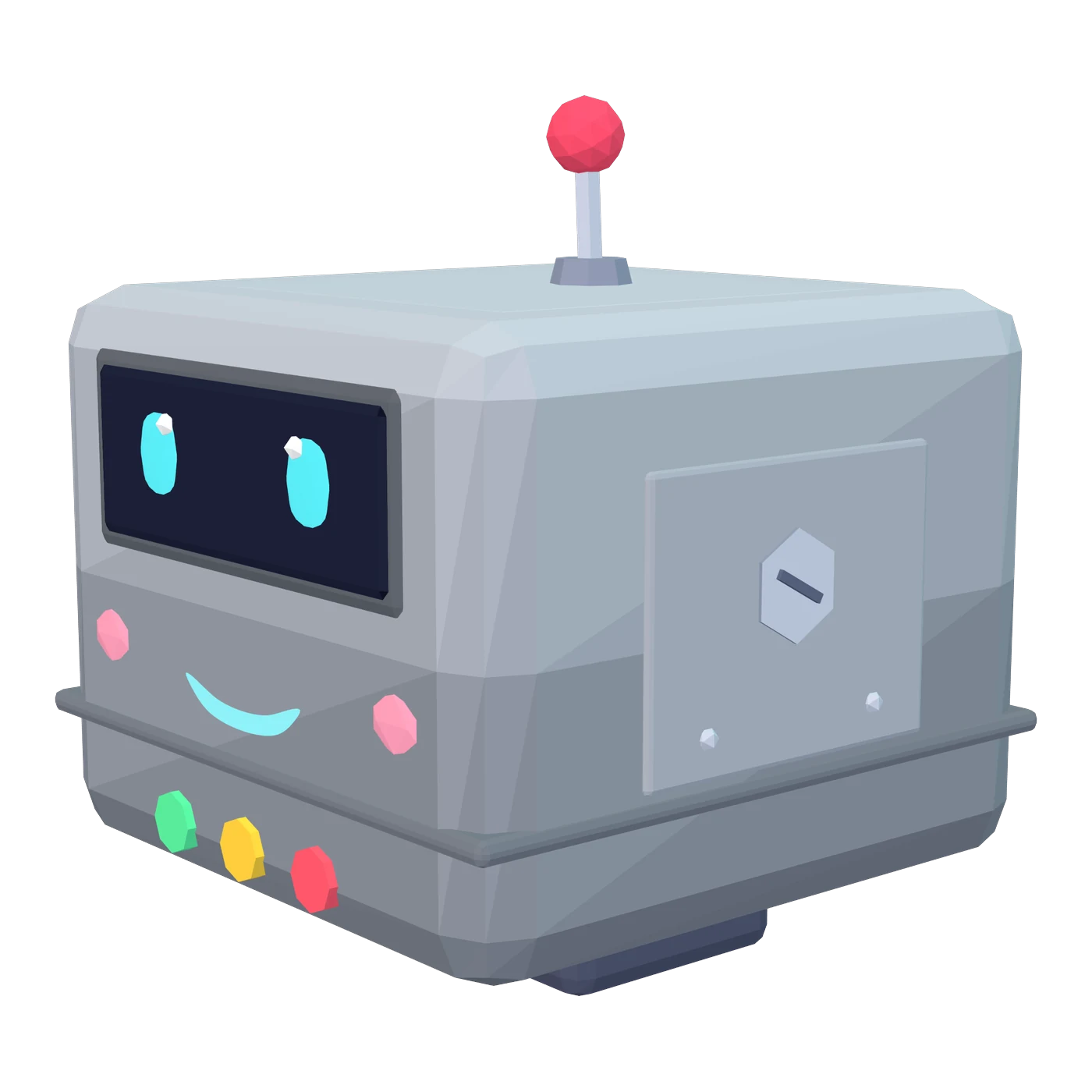 Bleep&rsquo;s 3D model: a boxy grey robot with cyan LED eyes and a red-ball antenna.