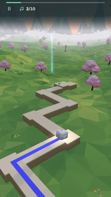 Bleep, a small grey robot with an antenna, seen from behind, hopping along a zigzag stone path over a green meadow with pink trees in the First Light level, with the progress bar and note counter at the top.