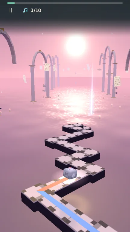 Bleep, a small grey robot with an antenna, seen from behind, hopping along a pale chequered path over a glowing pink sea with stone arches and a bright sun in the Nocturne level, with the progress bar and note counter at the top.