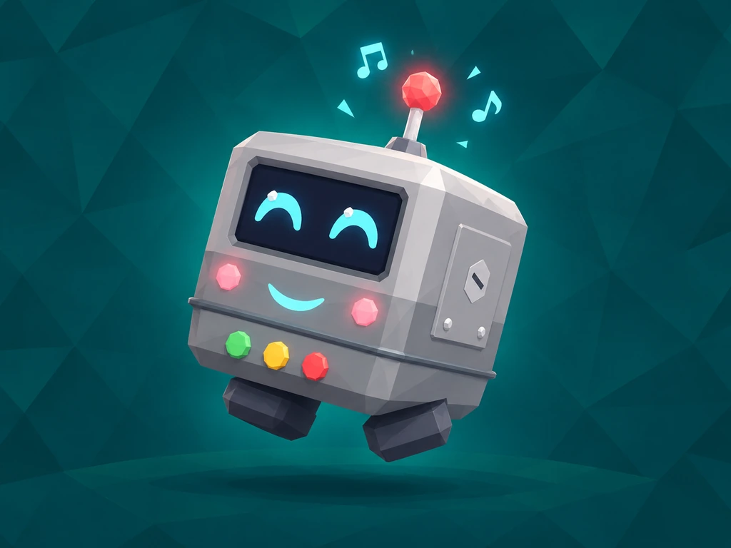 Concept artwork of Bleep the robot hopping: a small grey square robot with a dark screen, cyan LED eyes smiling shut, a glowing red antenna bulb and little music notes floating beside it.