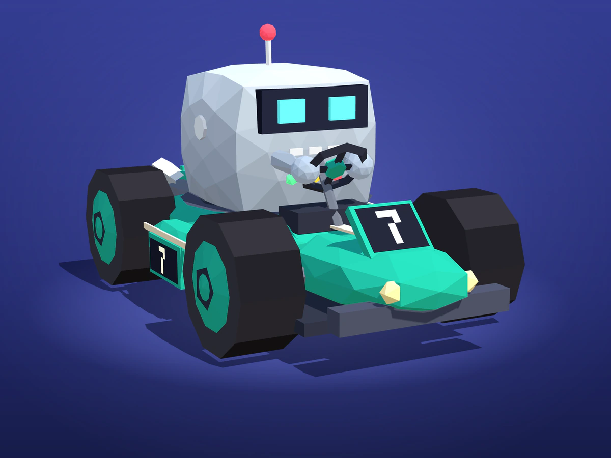 Bleep, a grey robot with a cyan visor and a red-tipped antenna, at the wheel of a teal number 7 kart.
