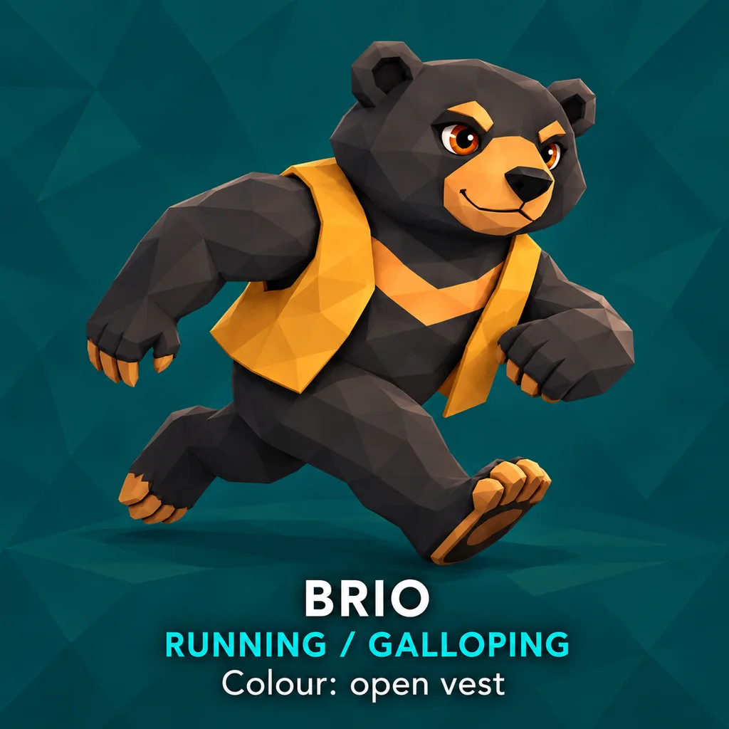 Original concept art of Brio running upright, with charcoal fur, a golden muzzle and an open mustard vest.
