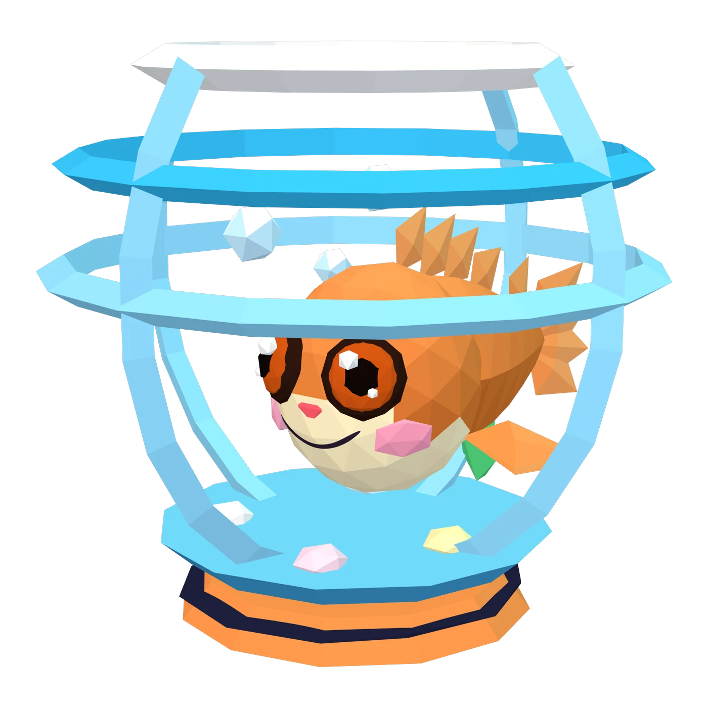 Bubbles' in-game 3D model: an orange goldfish with a cream face, big orange eyes and pink cheeks swimming in a see-through fishbowl made of blue rings, on an orange stand with a dark shadow ring round its foot.