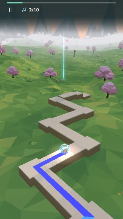 Bubbles, a goldfish in a glass bowl, hovering along a zigzag stone path over a green meadow with pink trees in the First Light level, with the progress bar and note counter at the top.