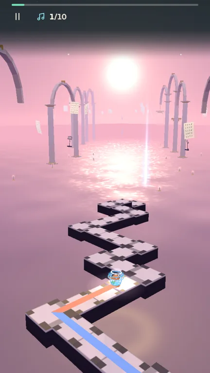 Bubbles, a goldfish in a glass bowl, hovering along a pale chequered path over a glowing pink sea with stone arches and a bright sun in the Nocturne level, with the progress bar and note counter at the top.