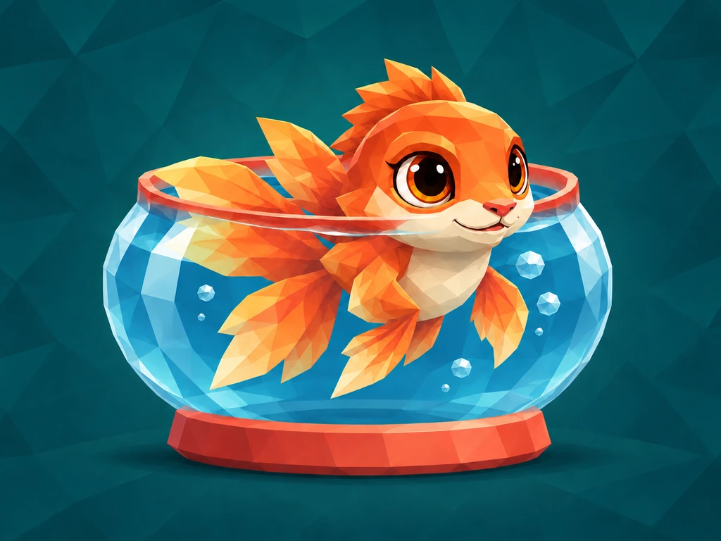 Concept artwork of Bubbles the goldfish, orange with big eyes, a happy smile and flowing fins, leaning out over the rim of a round glass bowl that sits on a red base.