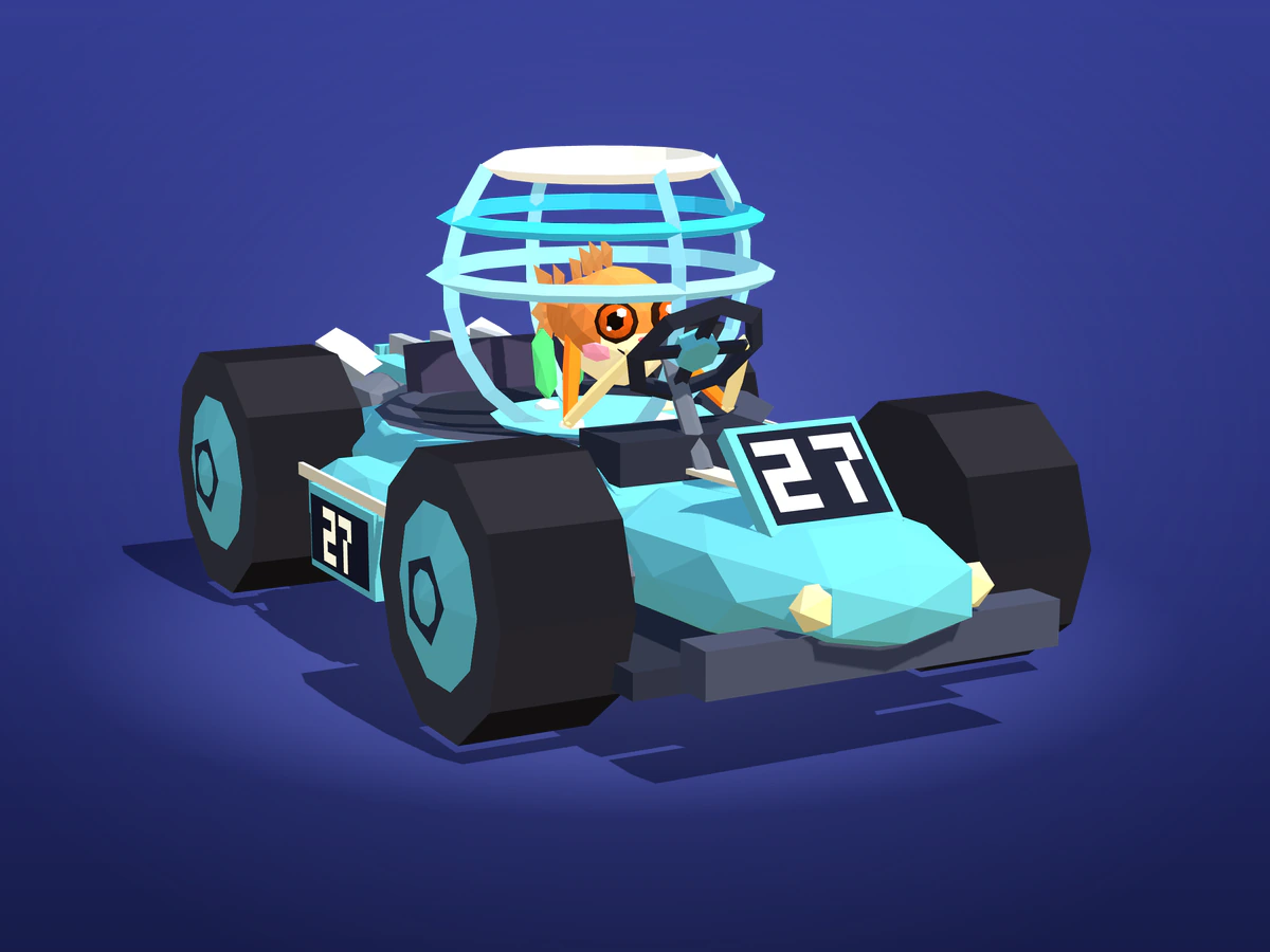Bubbles, an orange goldfish in a little glass bowl, at the wheel of an aqua number 27 kart.