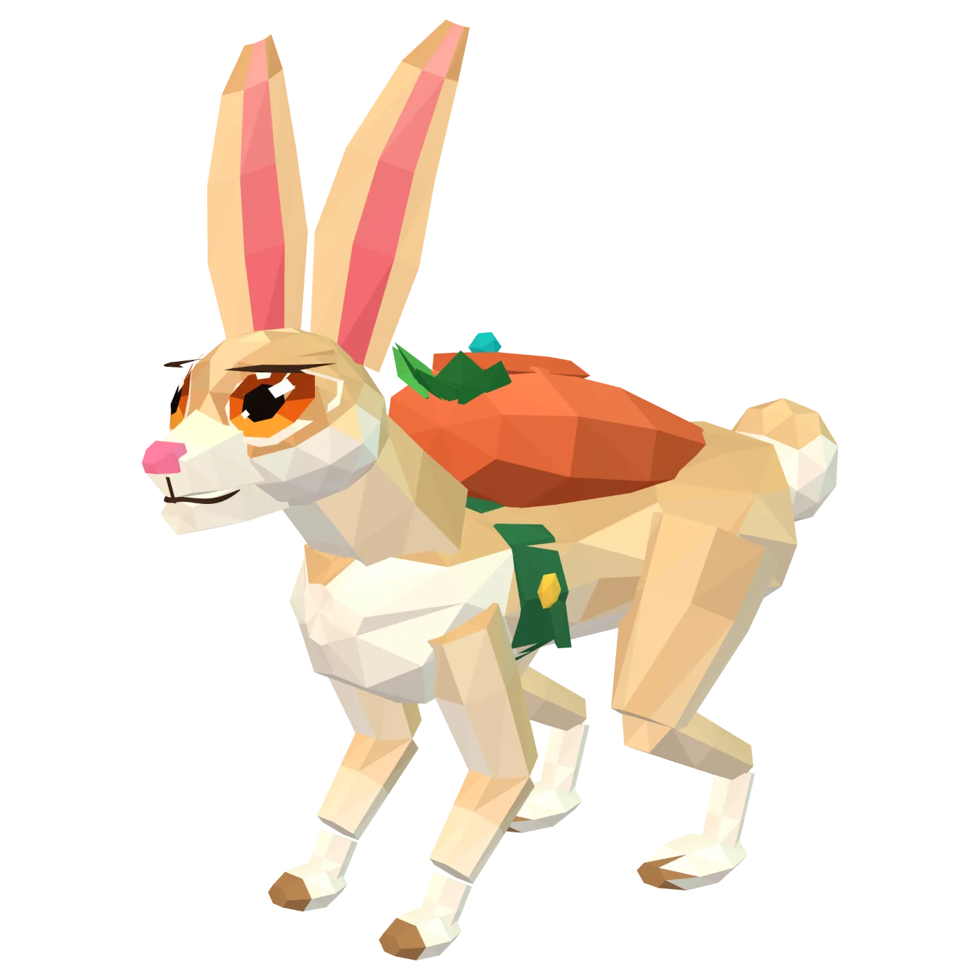 Bun, a cream-and-brown rabbit with long ears and a carrot-shaped courier satchel.