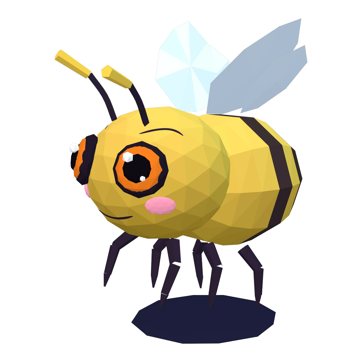 Buzz's in-game 3D model: a plump yellow bee with dark stripes on his abdomen, big orange eyes, pink cheeks, curved antennae with yellow tips, pale blue wings and thin dark legs, hovering over a round dark shadow disc, in three-quarter view.