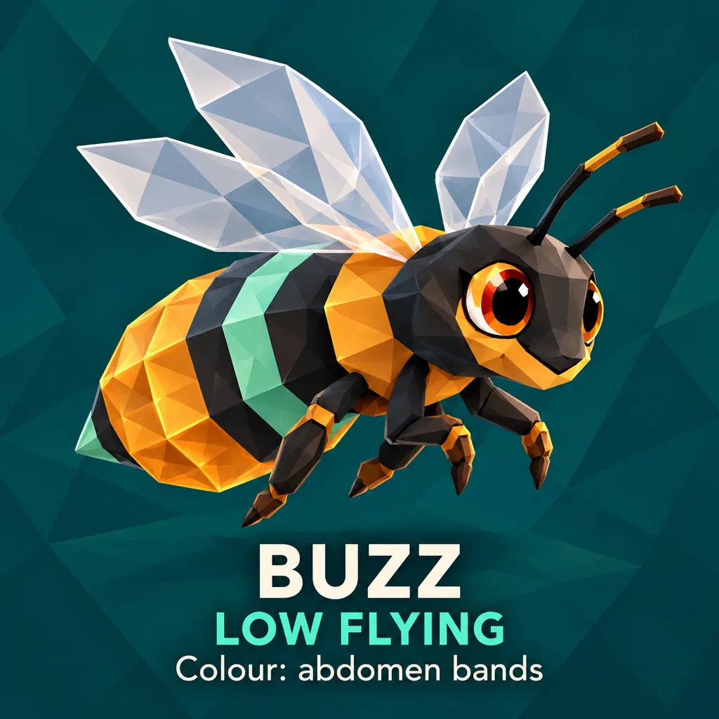 Original concept art of Buzz the bee flying low, with a black head, an orange and black striped body, a mint band, clear angular wings and big orange eyes.