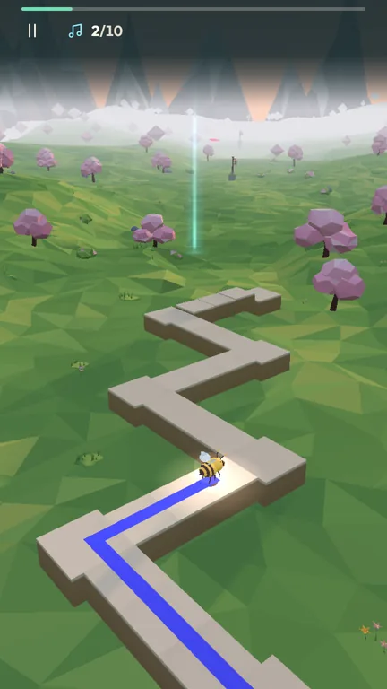 Buzz, a yellow and black bee, flying along a zigzag stone path over a green meadow with pink trees in the First Light level, with the progress bar and note counter at the top.