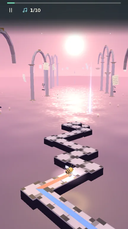 Buzz, a yellow and black bee, flying along a pale chequered path over a glowing pink sea with stone arches and a bright sun in the Nocturne level, with the progress bar and note counter at the top.