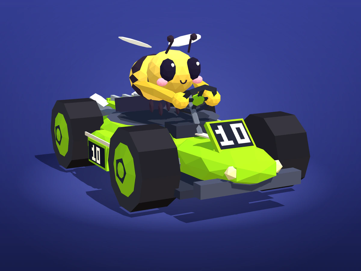 Buzz, a round yellow-and-black bee with pink cheeks, at the wheel of a lime-green number 10 kart.
