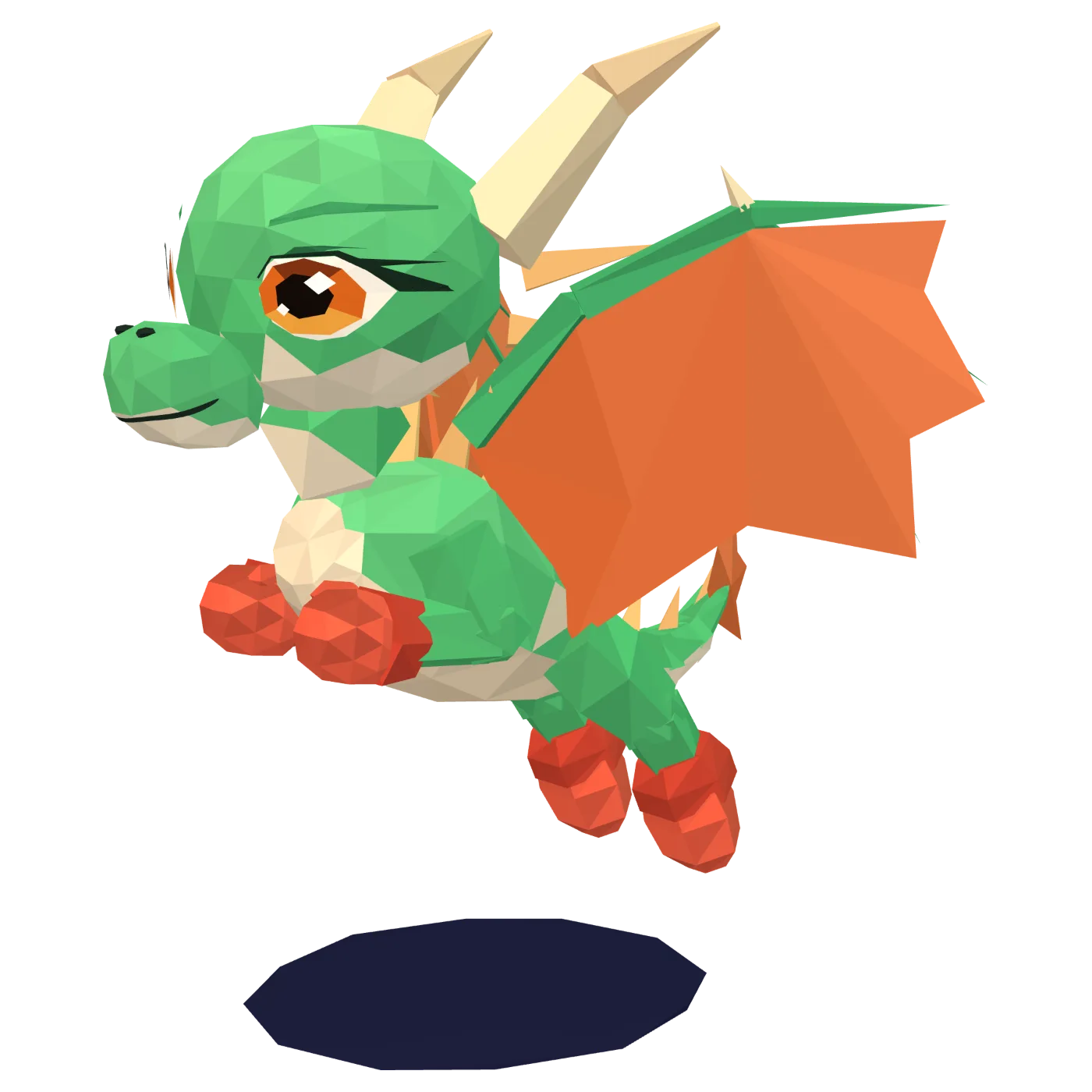 Cinder, a small jade dragon with raised orange sail wings, a long curved tail and a flame-shaped tip.