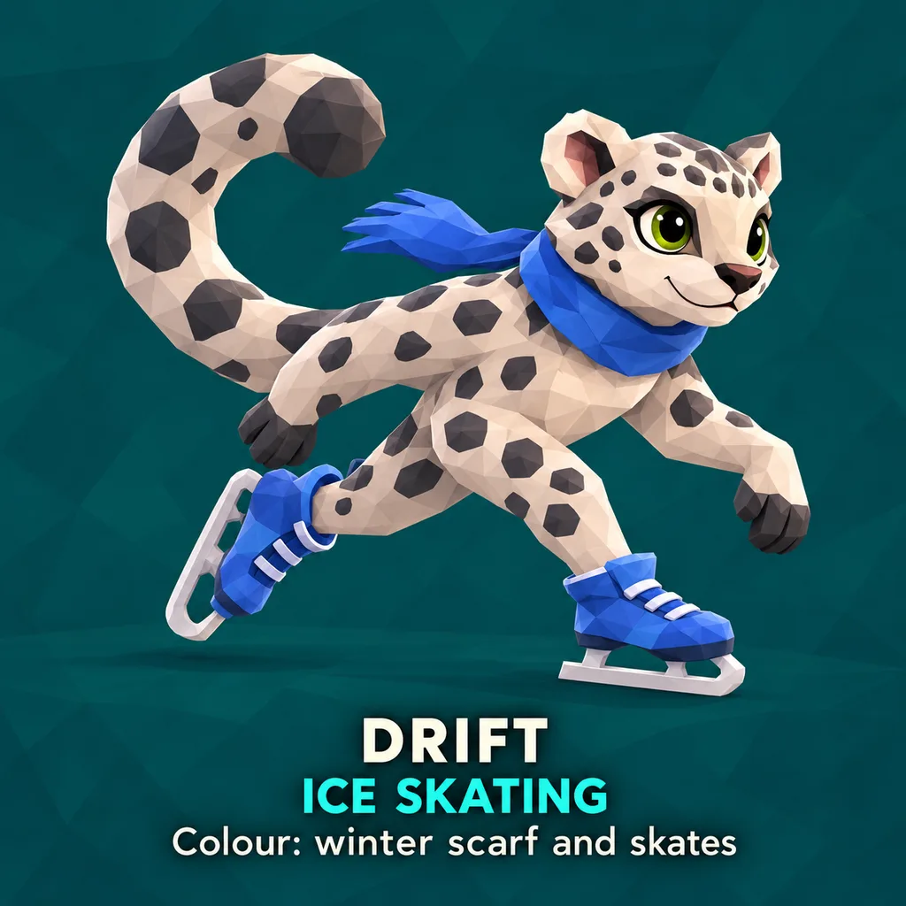 Original concept art of Drift skating, with a pale spotted coat, green eyes, a blue scarf and blue ice skates.