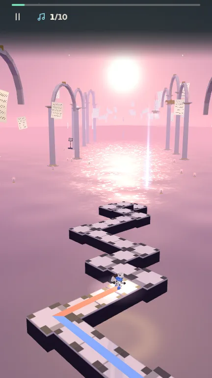 Drift skating along Nocturne's piano-key path above pink moonlit water, captured from the game on a phone.