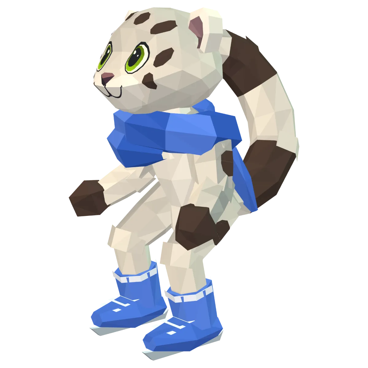 Drift's actual low-poly game model, with a pale spotted coat, a blue scarf and blue ice skates.
