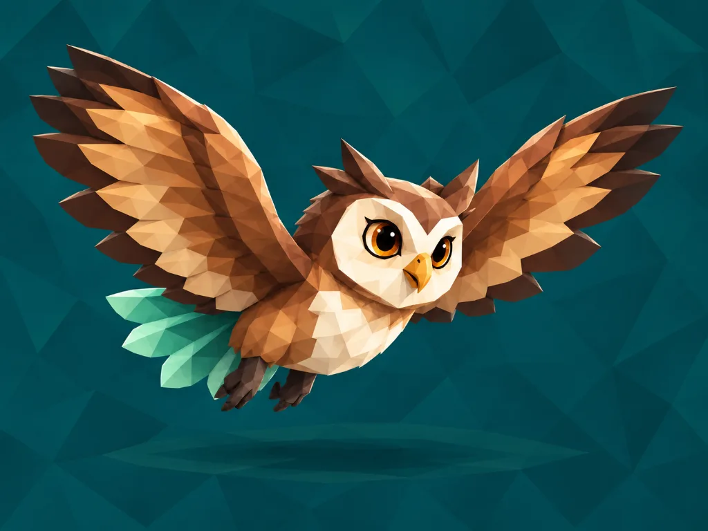 Concept artwork of Hoot the tawny owl gliding with broad cinnamon wings, a cream face and chest, amber eyes and mint tail feathers.