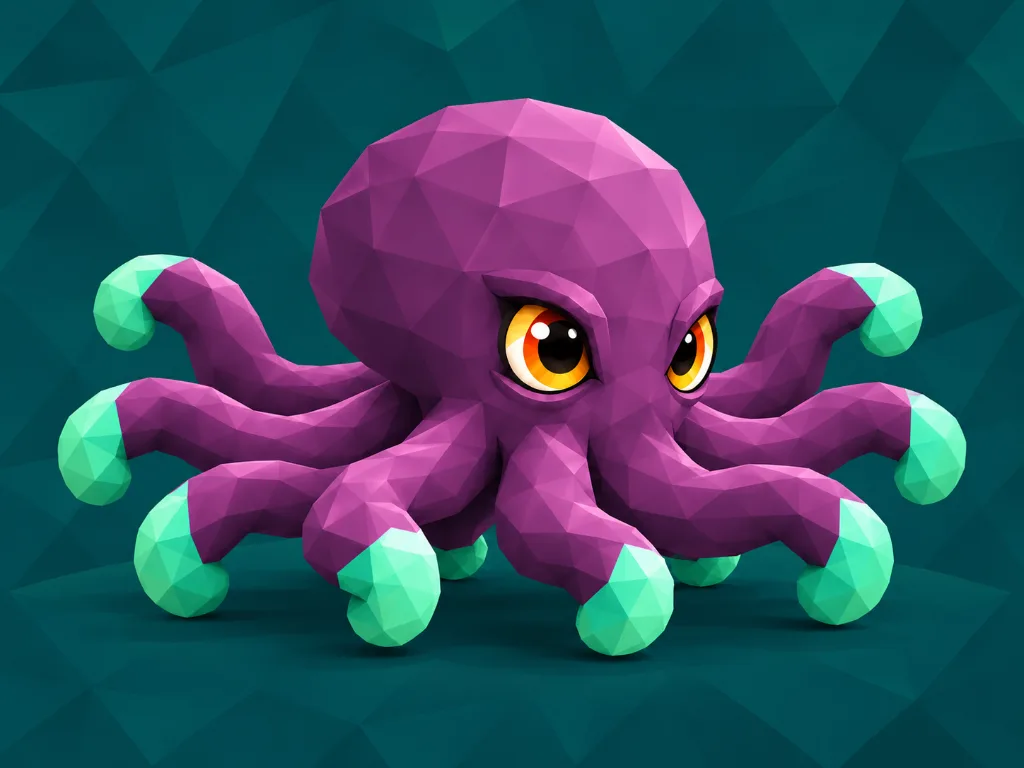 Concept artwork of Inky the violet octopus with warm eyes and eight curling, mint-tipped arms.