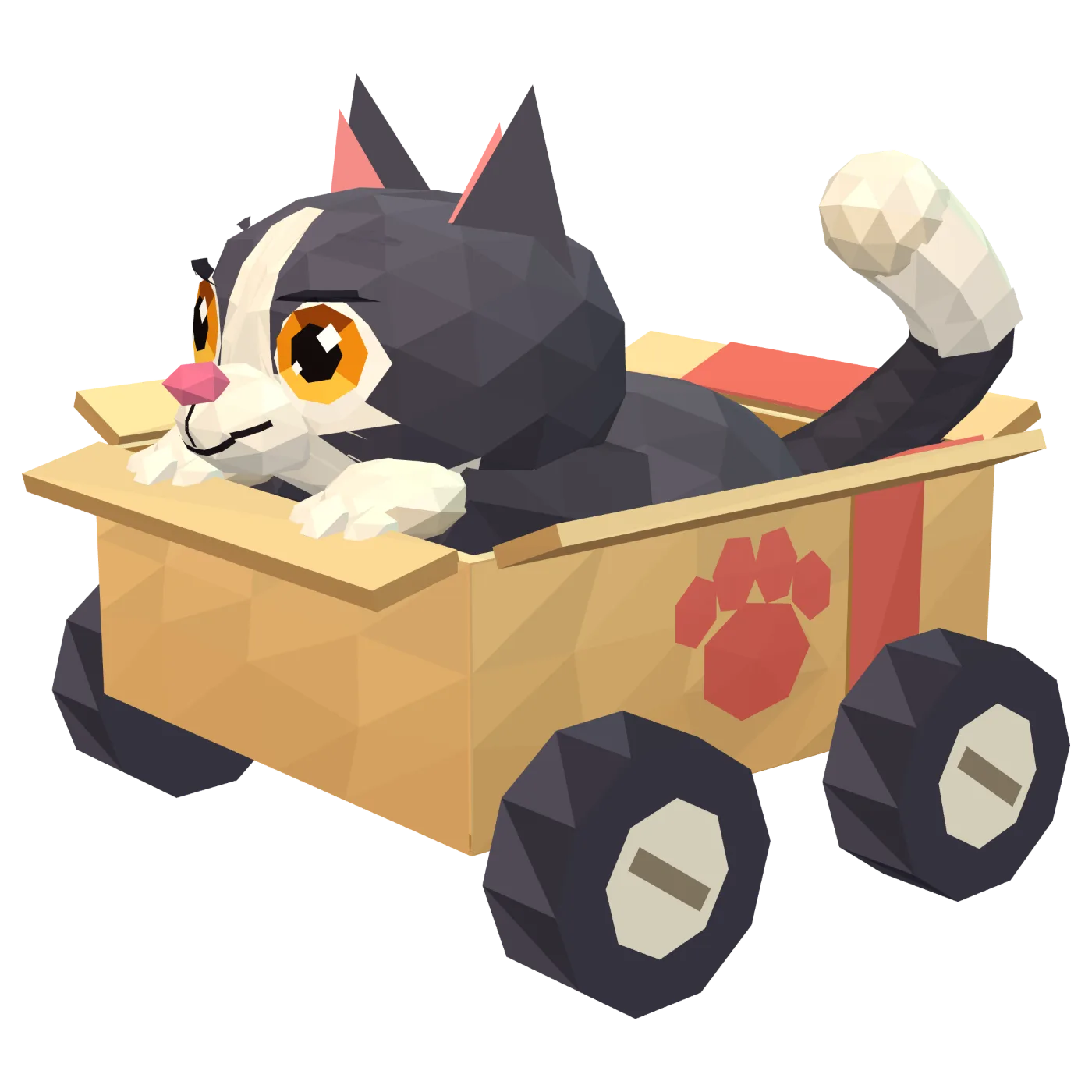 Mochi, a charcoal-and-cream cat with amber eyes, cream paws and a curling tail, riding in a cardboard cart with coral tape.