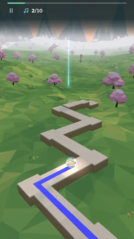 Nibbles, a hamster in a clear ball, rolling along a zigzag stone path over a green meadow with pink trees in the First Light level, with the progress bar and note counter at the top.
