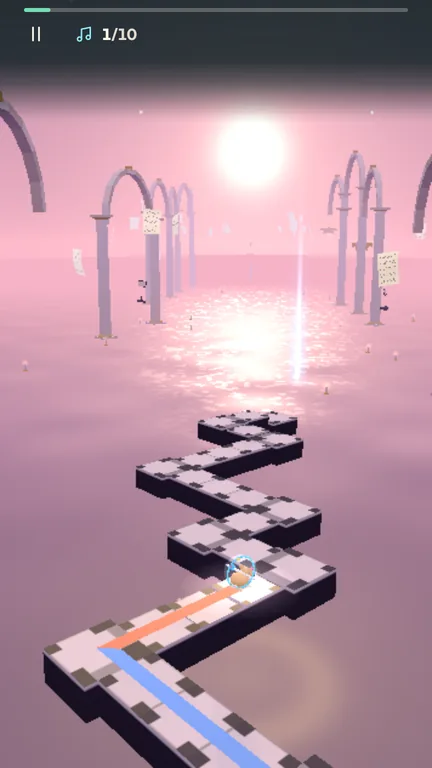 Nibbles, a hamster in a clear ball, rolling along a pale chequered path over a glowing pink sea with stone arches and a bright sun in the Nocturne level, with the progress bar and note counter at the top.