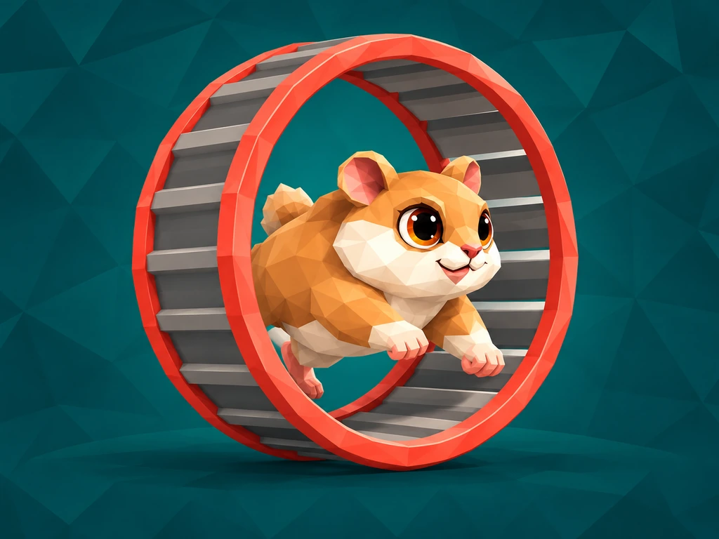 Concept artwork of Nibbles the hamster, a golden-brown and cream hamster with big orange eyes and a smile, running inside a red hamster wheel with grey slats.