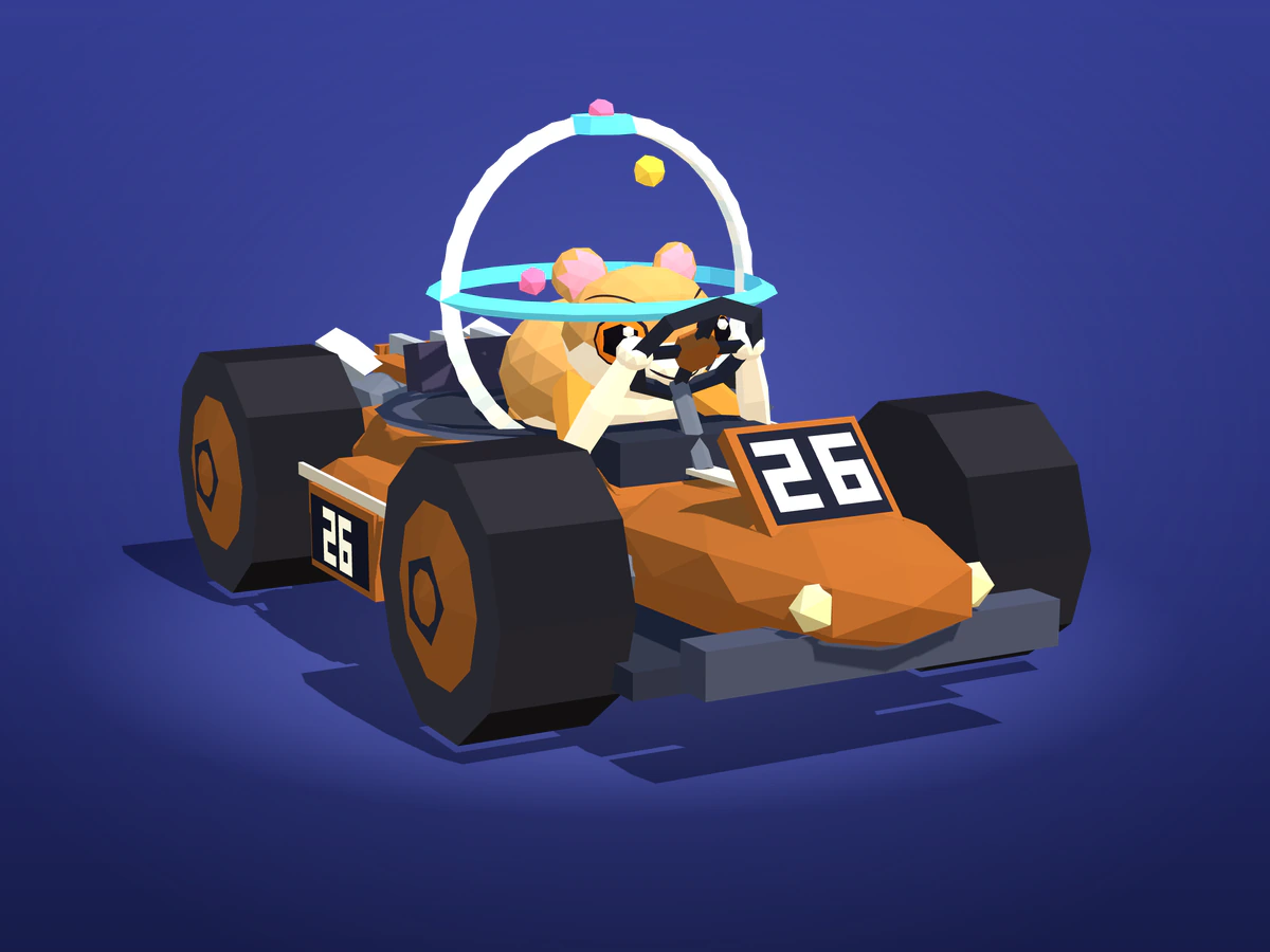 Nibbles, a hamster inside a clear ball, at the wheel of a brown number 26 kart.