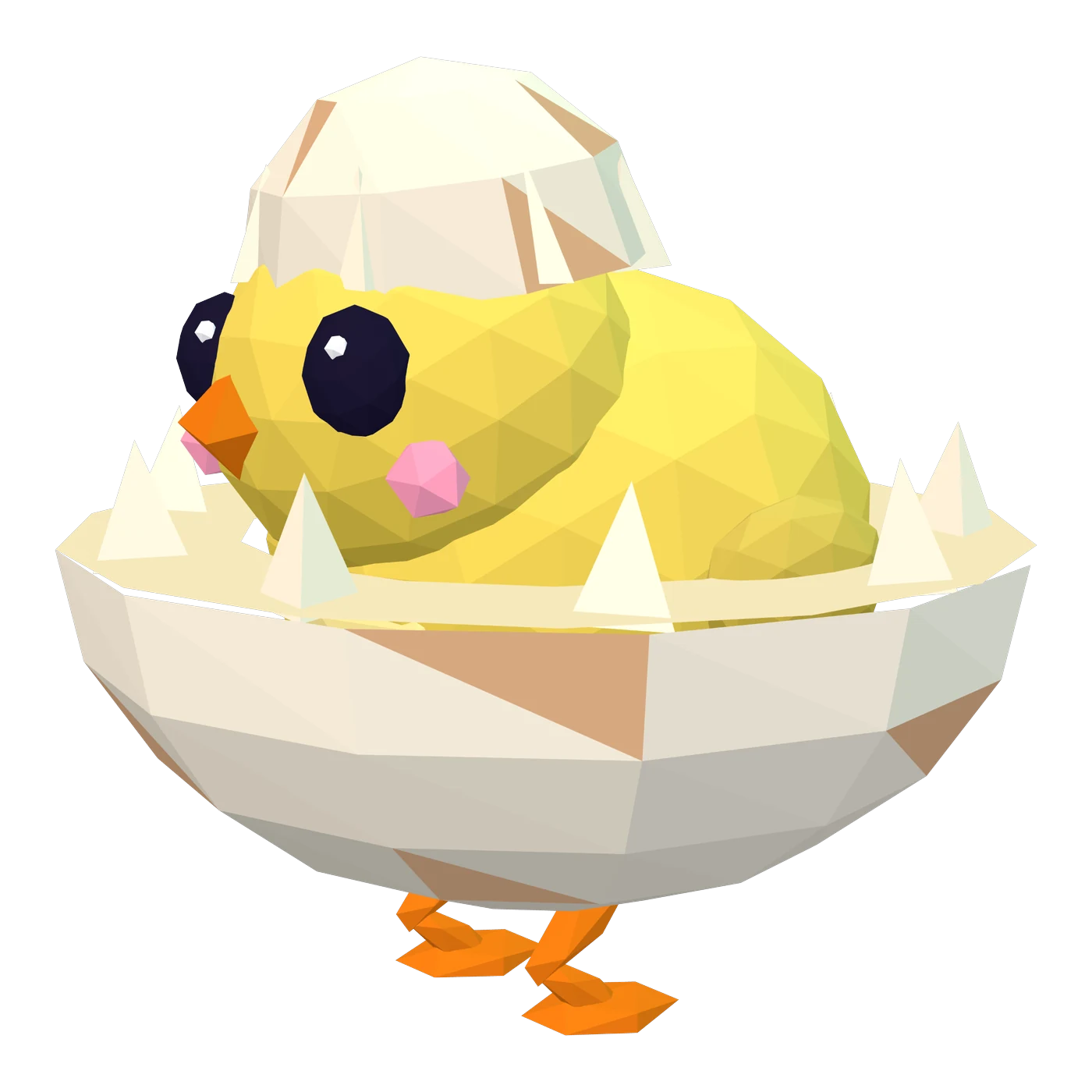Pippa's in-game 3D model: a yellow chick sitting in a cracked, speckled eggshell with the top half of the shell on her head, pink cheeks, a small orange beak and two orange legs poking out under the bowl, in three-quarter view.