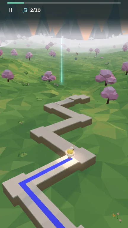 Pippa, a yellow chick in half an eggshell, hopping along a zigzag stone path over a green meadow with pink trees in the First Light level, with the progress bar and note counter at the top.