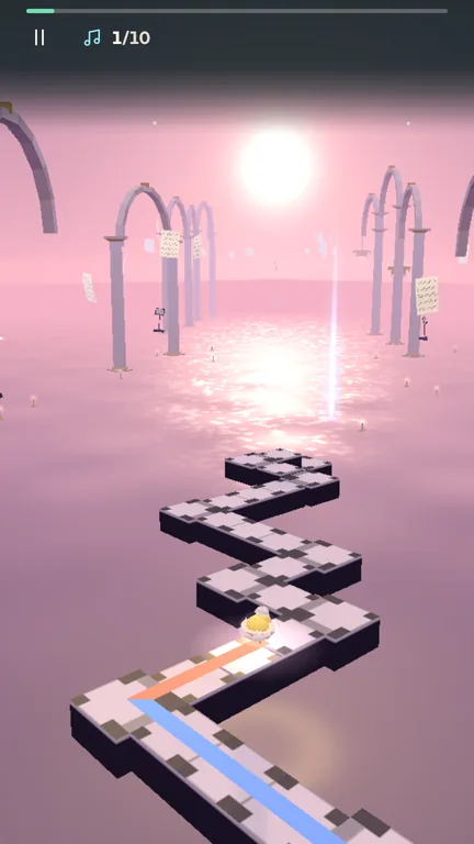 Pippa, a yellow chick in half an eggshell, hopping along a pale chequered path over a glowing pink sea with stone arches and a bright sun in the Nocturne level, with the progress bar and note counter at the top.