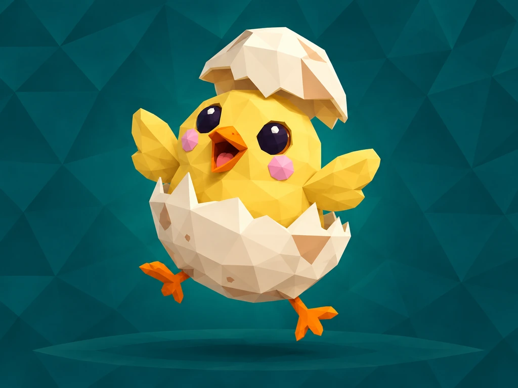 Concept artwork of Pippa the yellow chick mid-hop, the top of her cracked eggshell flying off her head, her wings out, her orange feet kicking and her beak open in a happy cheep.