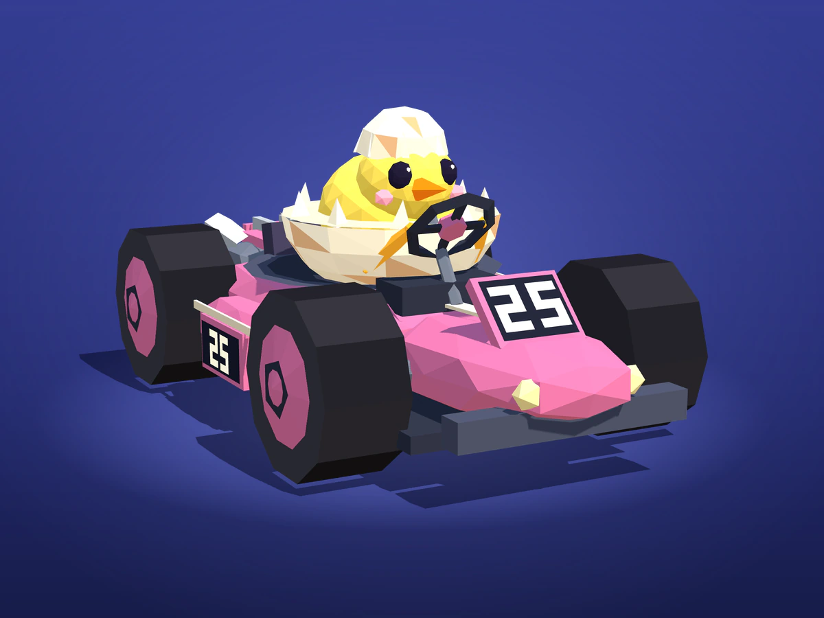 Pippa, a yellow chick in a cracked eggshell, at the wheel of a pink number 25 kart.