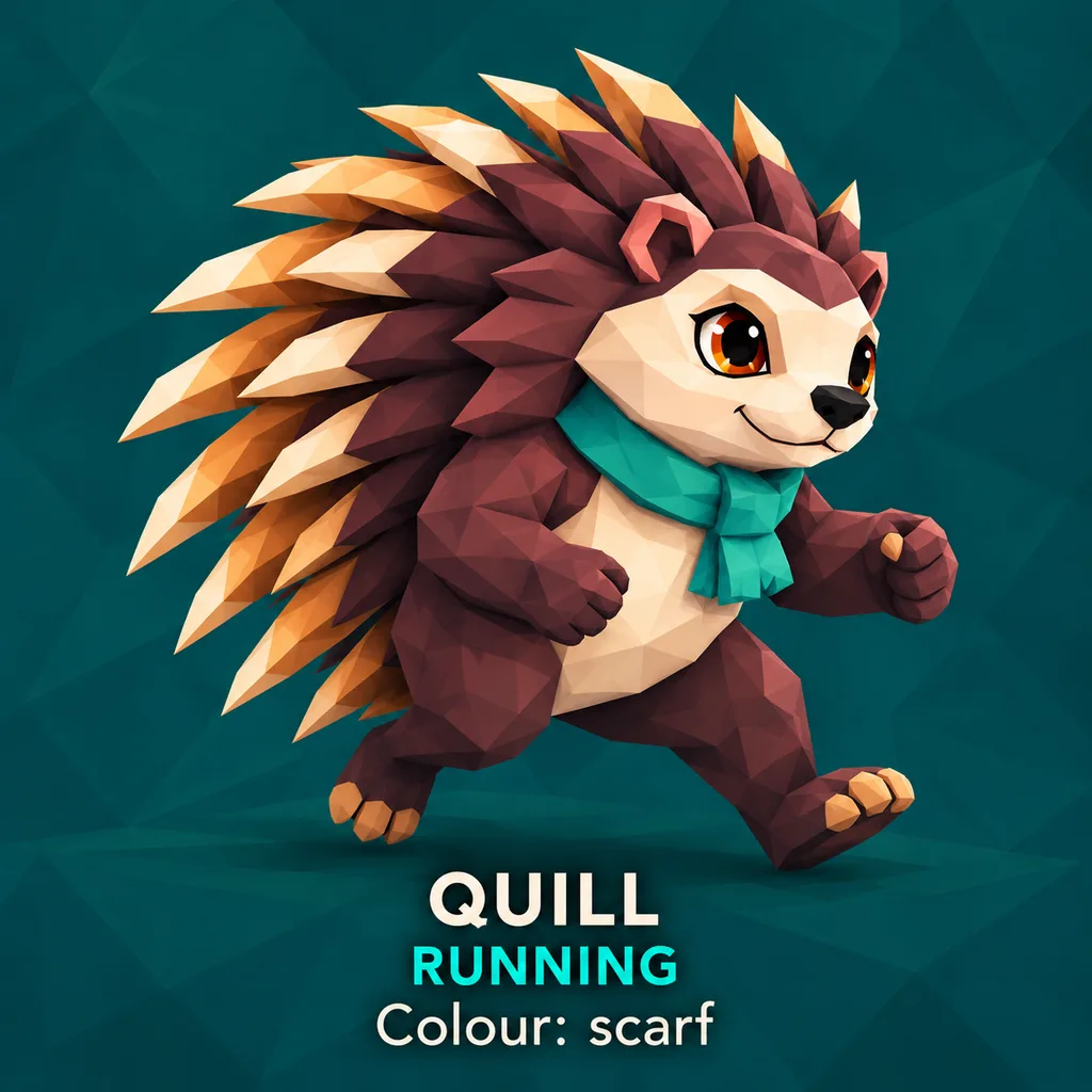 Original concept art of Quill running, with plum-brown fur, a cream face, swept pale-tipped quills and a teal scarf.