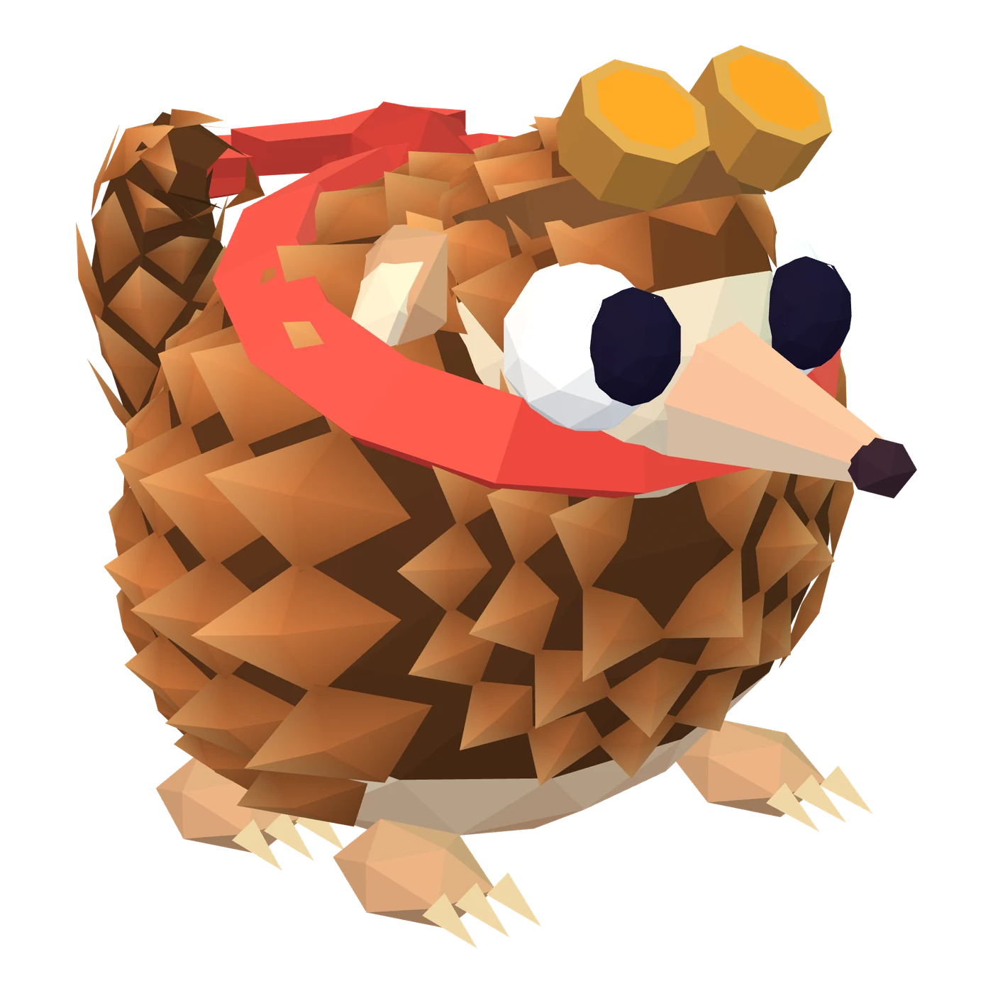 Raz's 3D model from Razaki Racers: a round bronze pangolin covered in overlapping scales, with big white eyes, a long pale snout, amber goggles pushed up on his forehead, a red scarf and pale-clawed feet, with his tail curled up behind him.