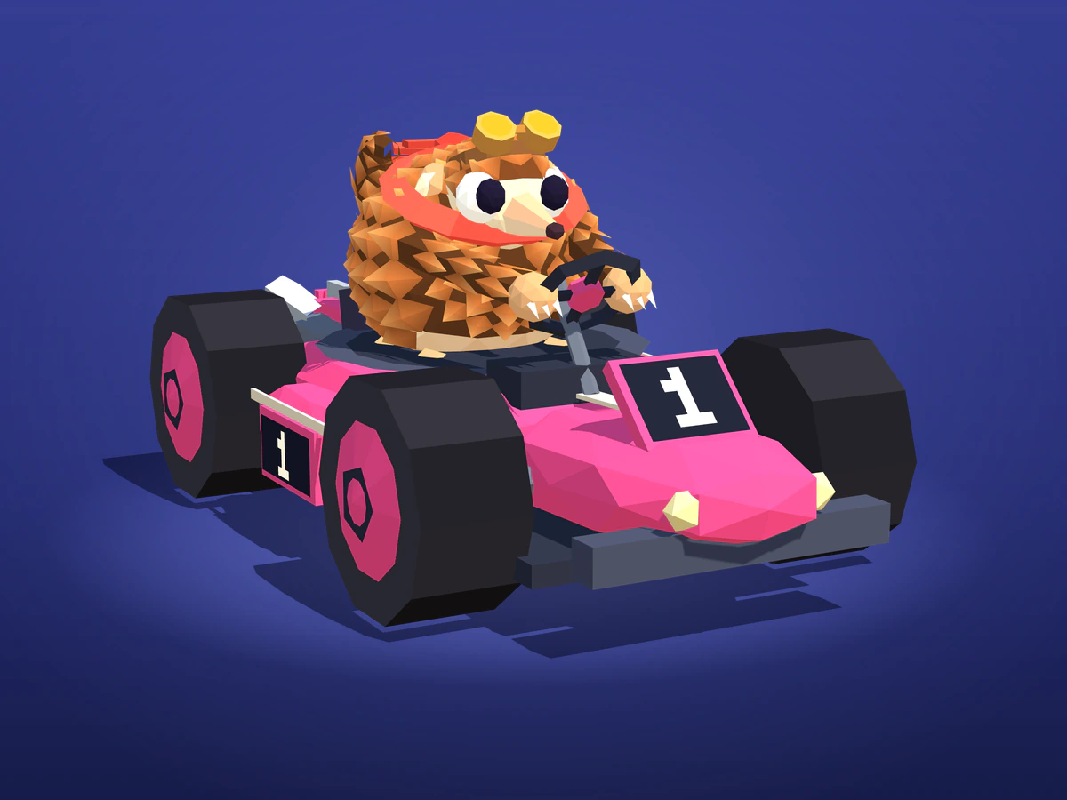 Raz, a bronze pangolin in amber goggles and a red scarf, at the wheel of a pink number 1 kart.