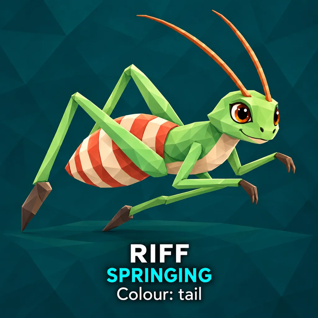 Original concept art of Riff the green grasshopper springing forward, with long antennae and a coral-and-cream striped tail.