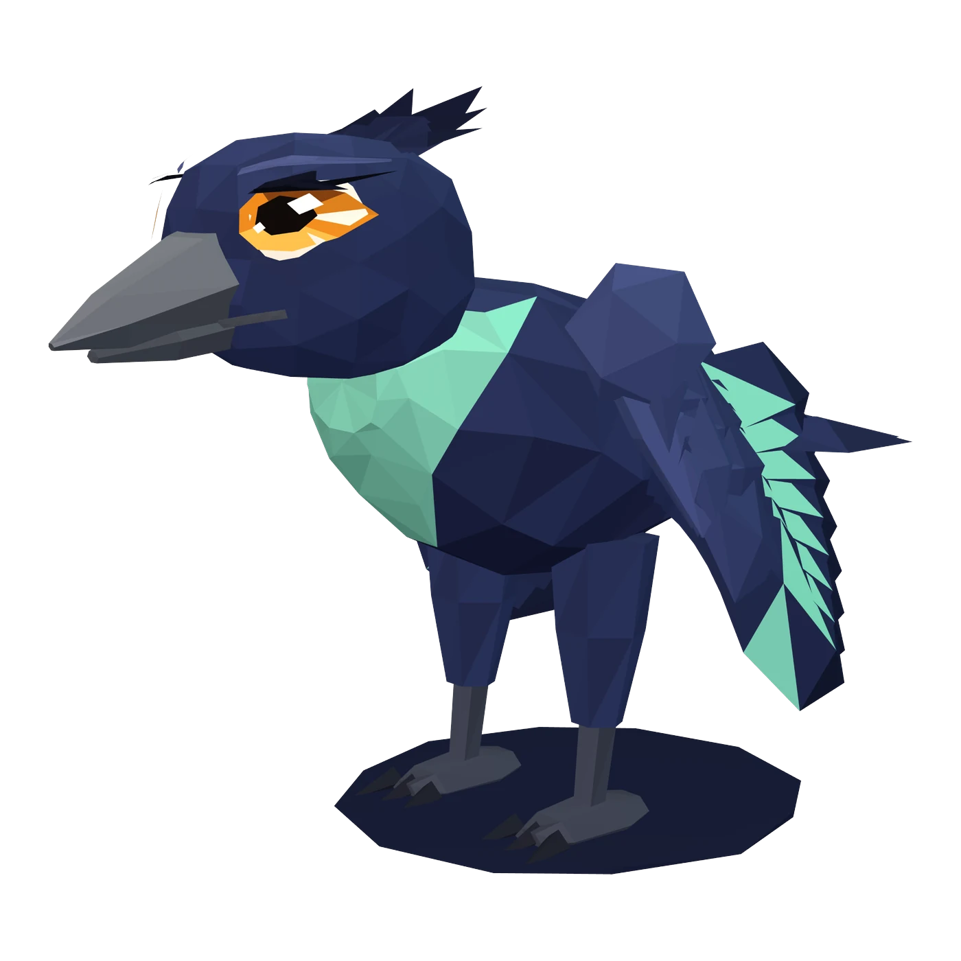 Sable's in-game 3D model: a navy-blue raven with a mint chest patch and mint-tipped wing feathers, a grey beak, orange eyes and a small crest of head feathers, standing on a round dark shadow disc.