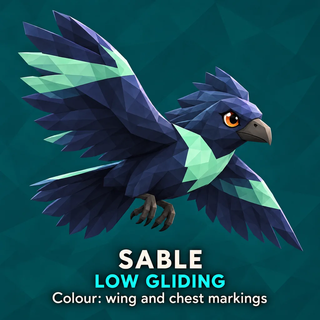 Original concept art of Sable the raven gliding low, with navy feathers, mint markings on the wings and chest, an orange eye and a grey beak.