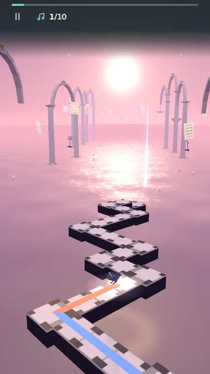 Sable, a small dark raven with mint markings, gliding along a pale chequered path over a glowing pink sea with stone arches and a bright sun in the Nocturne level, with the progress bar and note counter at the top.