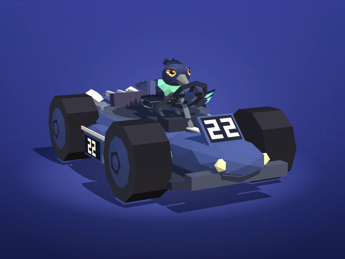 Sable, a navy raven with a grey beak and mint wing markings, at the wheel of a navy-blue number 22 kart.