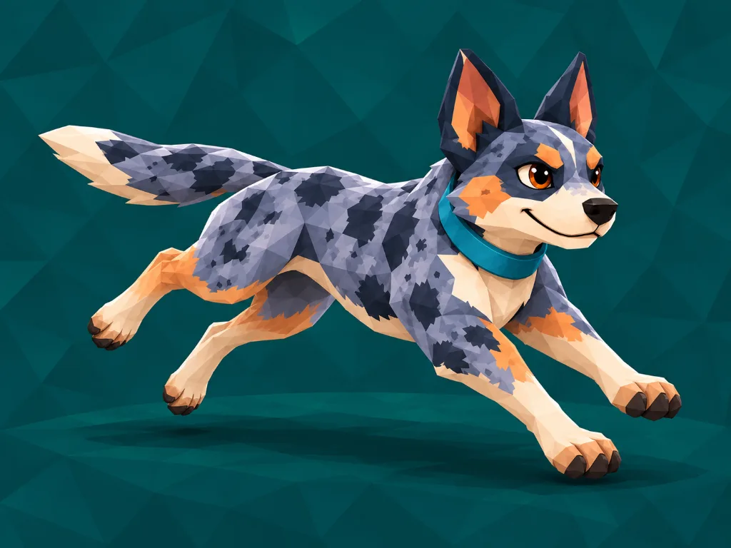 Concept artwork of Sling the blue heeler bounding forward on four paws, with a mottled slate-blue coat, rust markings and a teal collar.