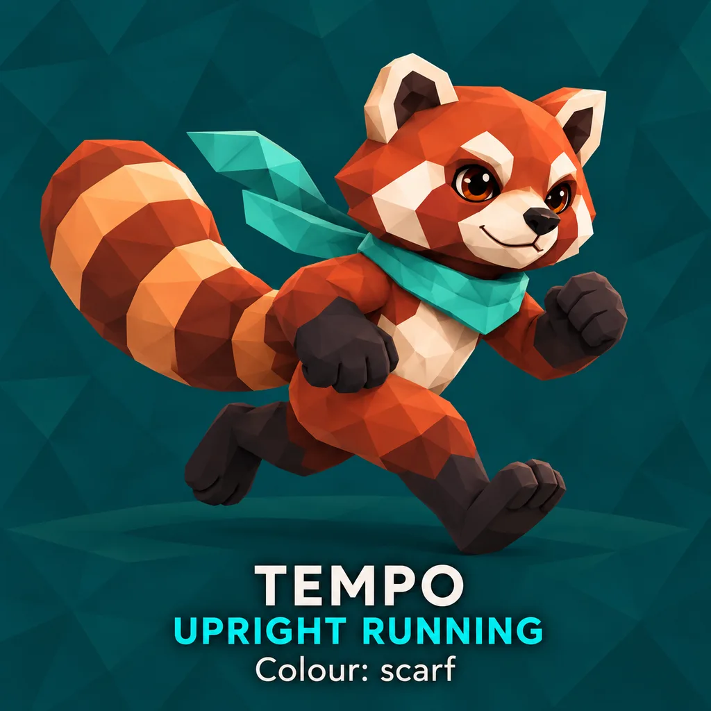 Original concept art of Tempo running, with russet fur, a striped tail and a mint scarf.