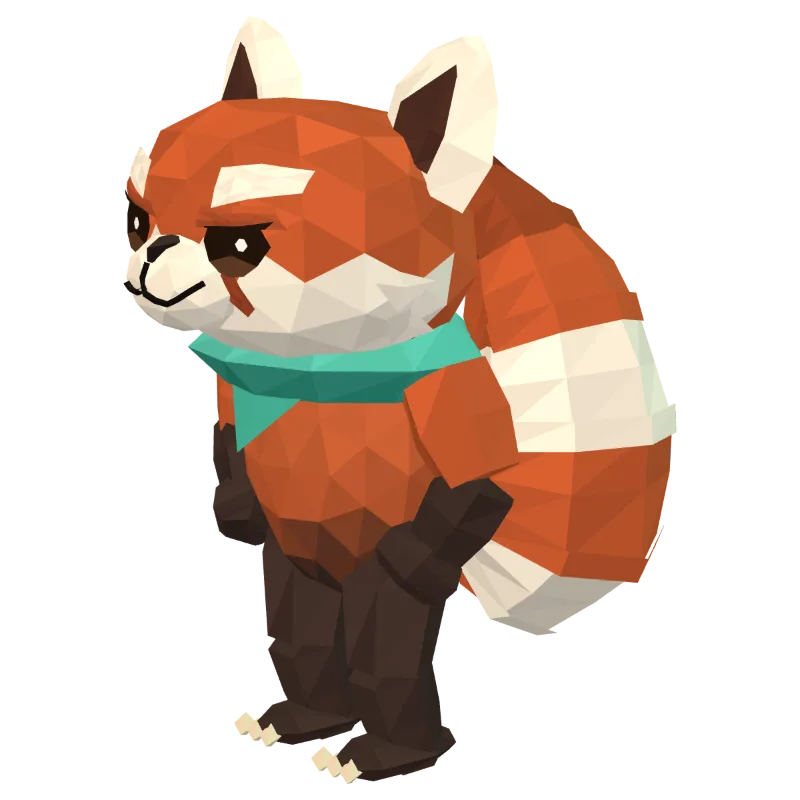 Tempo's actual low-poly game model, with his cream face, striped tail and mint scarf.