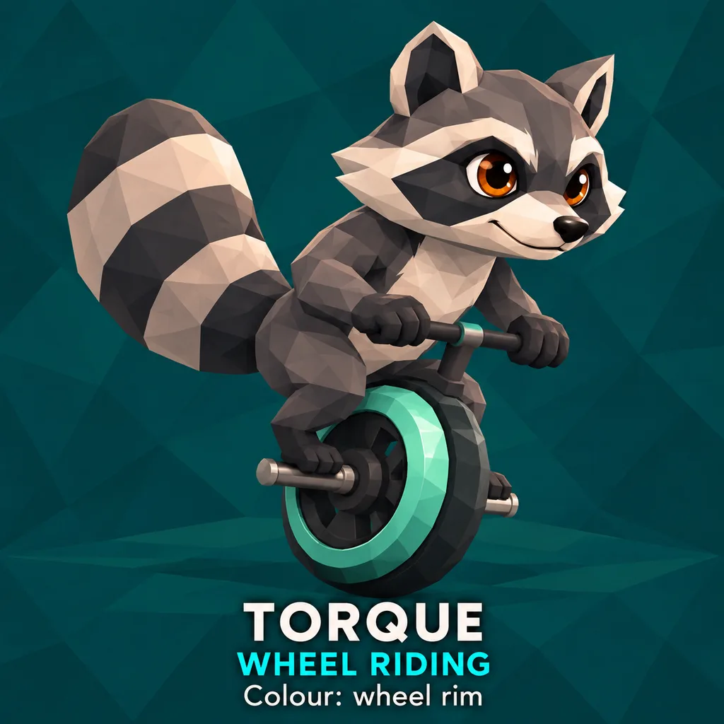 Original concept art of Torque the grey raccoon riding a black monowheel with a mint rim, a cream mask and a long banded tail.