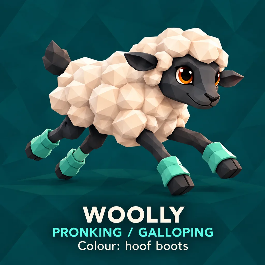Original concept art of Woolly the lamb galloping, with a cream wool coat, a black face and legs, and mint hoof boots.