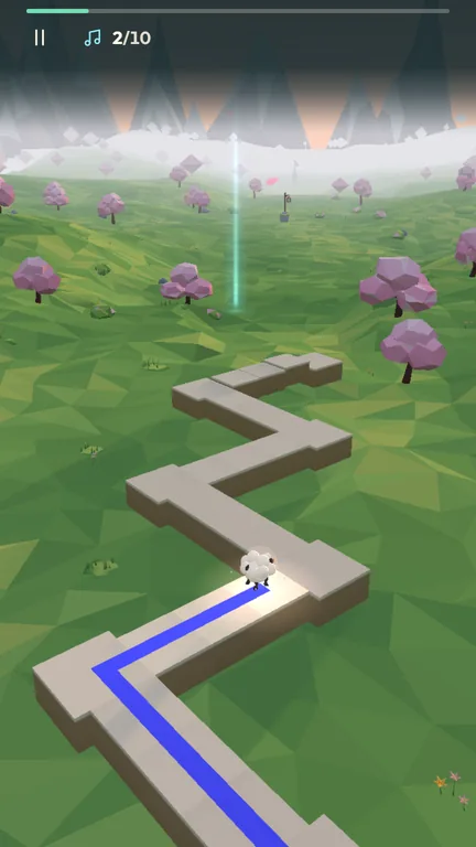Woolly, a white lamb, bounding along a zigzag stone path over a green meadow with pink trees in the First Light level, with the progress bar and note counter at the top.