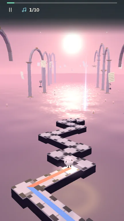Woolly, a white lamb, bounding along a pale chequered path over a glowing pink sea with stone arches and a bright sun in the Nocturne level, with the progress bar and note counter at the top.