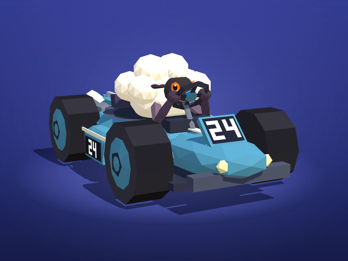Woolly, a fluffy white lamb with a dark face, at the wheel of a sky-blue number 24 kart.